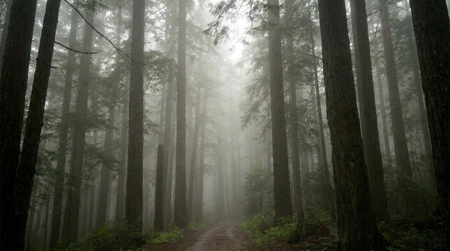 Misty Sunlight Through Dense Forest Path in Morning Fog
