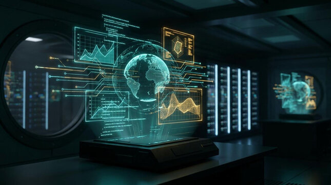 Futuristic global data analytics dashboard with Earth hologram and financial graphs