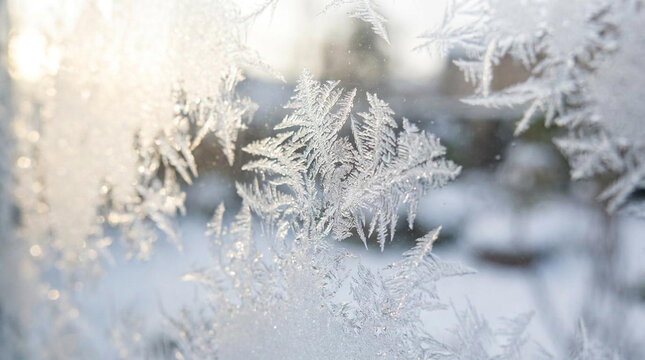 Close-up of delicate frost crystals forming intricate patterns on cold surface in soft light
