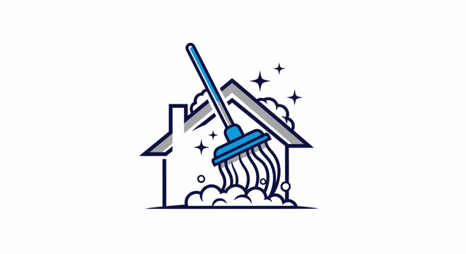 Cleaning service logo with house and brush.