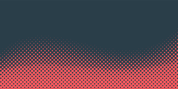 Vector Chequered Halftone Pattern Smooth Curved Border Red Blue Abstract Background. Checkered Rounded Square Dots Blur Texture Pop Art Design. Half Tone Contrast Graphic Minimalist Art Wide Wallpaper