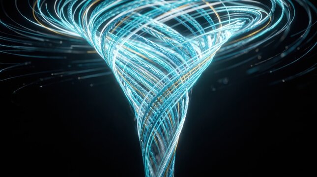 Abstract Digital Vortex: A mesmerizing display of swirling, luminous digital lines converge, creating a dynamic vortex of light and energy, symbolizing data flow.