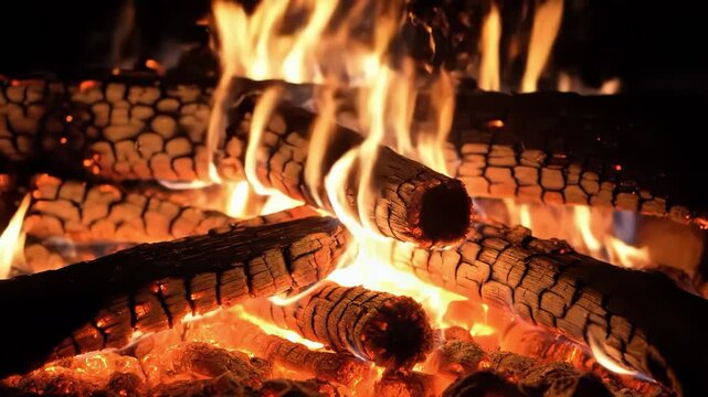 Closeup of burning logs in a campfire with bright orange flames