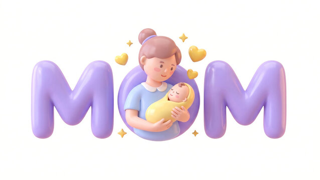 Cute Mother Holding Baby 3D Illustration