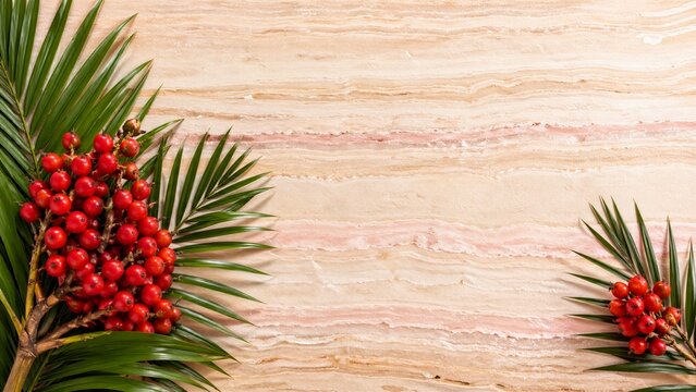 Tropical Red Palm Fruit Banner on Banded Stone Background for Web Design