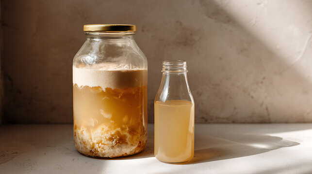 Clear glass jar and small bottle with light brown liquid sit on white table, illuminated by natural sunlight, casting long, abstract shadows