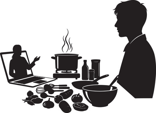 Person following online cooking class on laptop with illustrates remot