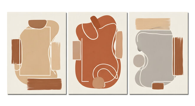 Modern abstract organic shape art triptych in warm terracotta, sandy beige, and soft grey tones. Handcrafted gouache paint background with expressive brush strokes.