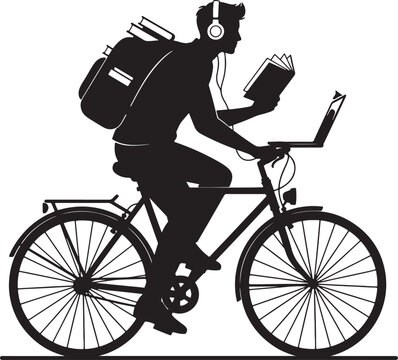 Man riding bicycle reading book and listening to music on laptop