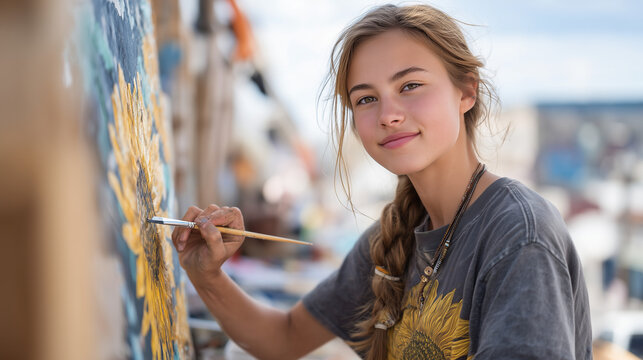 Teenage girl carefully painting a golden sunflower onto a crumbling brick wall in an urban alley, after-school mural volunteer, youth arts program, community beautification, summer internship, city 