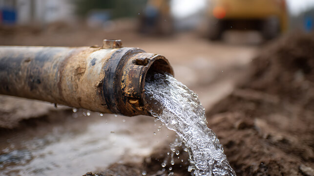 Water release from a rusty pipe into muddy ground at a construction site, illustrating water management and drainage operations outdoors