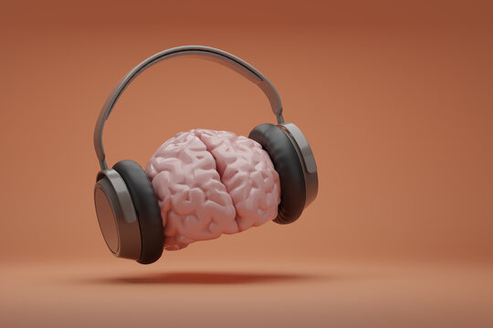 Brain with headphones on orange background with copy space. 3D illustration.