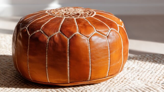 moroccan interior decor, luxurious moroccan leather pouf with intricate stitching on a light surface