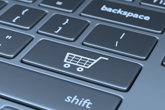 Computer keyboard with a shopping cart on one key. e-commerce concept. 3D illustration.