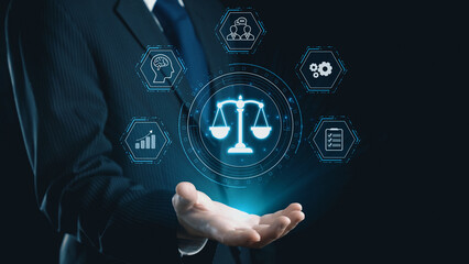 Fototapeta premium Futuristic digital law interface displaying justice scale, highlighting digital law, AI compliance, digital law systems, and digital law regulations for secure governance. Elide