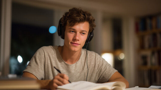 Young man alone at a dimly lit desk wearing headphones, notepad covered in handwritten notes, crisis hotline volunteer overnight shift, mental health support worker, nonprofit helpline, empathetic l