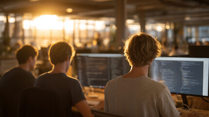 Obraz premium Golden hour flooding open-plan quantum software startup studio, team of four developers at standing desks reviewing quantum programming language documentation on shared screen, collaborative workspa