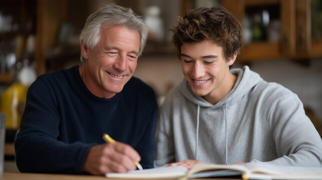 Father and adult son reviewing commercial driver license study materials together at kitchen table, CDL exam preparation, trucking career pathway, family logistics tradition, multigenerational trans