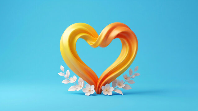 Golden heart symbol with white flowers on blue background