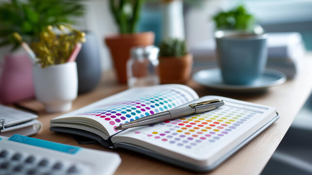 Overhead flat lay of a journal opened to a mood tracker grid with colorful sticker dots and a pen on a clean bright desk mood tracking mental health journal emotional check in