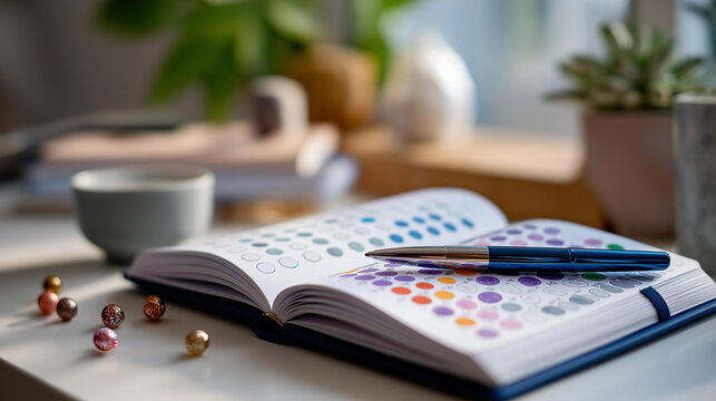 Overhead flat lay of a journal opened to a mood tracker grid with colorful sticker dots and a pen on a clean bright desk mood tracking mental health journal emotional check in