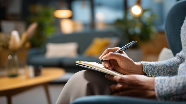Over the shoulder silhouette of a hand writing in a notebook on a knee with a softly defocused armchair and couch behind in a bright therapy room therapy notes counseling