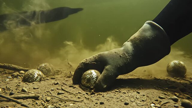 Underwater view of a diver wearing thick gloves collecting lost golf balls from the muddy bottom of a pond as a fish swims past