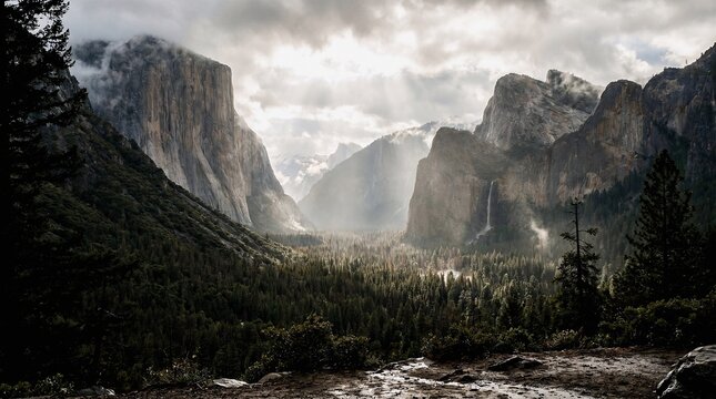 Dramatic Yosemite Valley Landscape with God Rays and Mist at Tunnel View