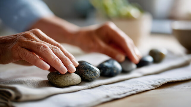 Close up of hands gently arranging a row of smooth pebbles in ascending size on a clean bright linen cloth mindful arranging zen practice meditative placing ordered pebbles