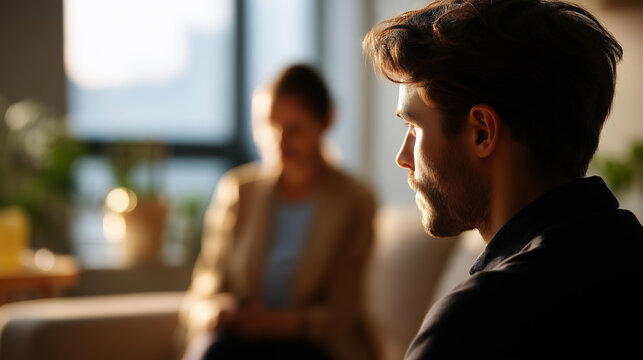 Side view silhouette of a figure on a therapy couch with softly defocused therapist silhouette seated nearby in a bright room with soft natural light counseling session therapy
