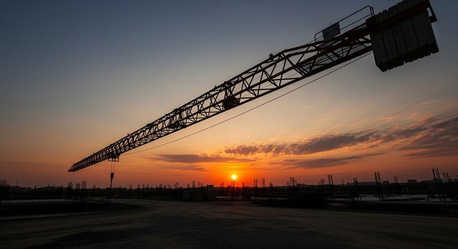 A wide silhouette of a long horizontal crane jib stretching across a golden sunset sky
