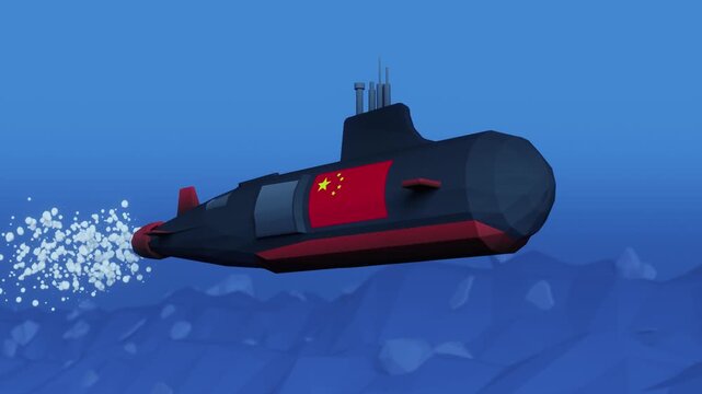 Horizontal Black and Red Submarine with China Flag Underwater Animation