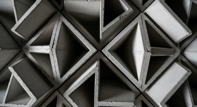 A top-down, geometric view of gray concrete blocks arranged in a repetitive, triangular pattern. The lighting creates sharp shadows, emphasizing the 3D texture