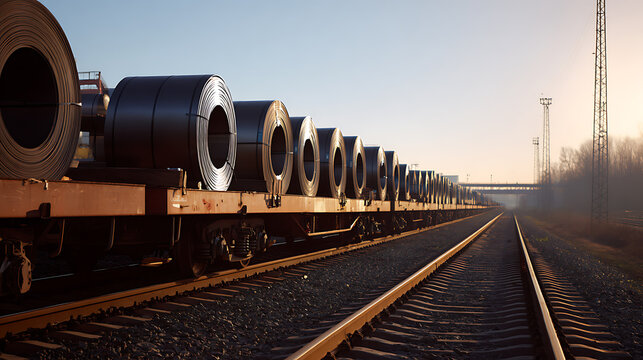 Industrial transport scene with a long freight train carrying numerous metal coils on open flatbed wagons under a bright morning sky
