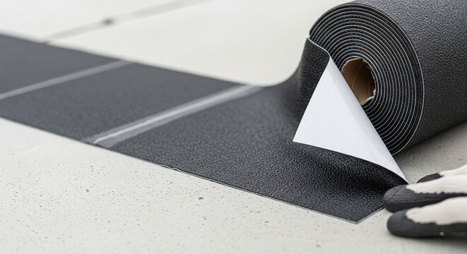 A roll of black self-adhesive waterproof membrane being applied to a concrete surface. A gloved hand is visible, peeling back the white protective film to reveal the sticky backing