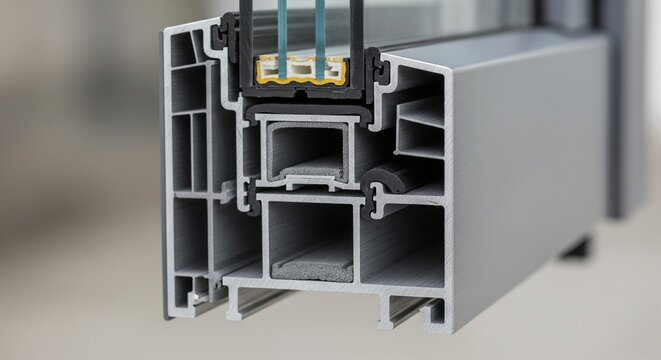 A technical view of a high-quality window frame section, showing the multiple chambers and seals used for weatherproofing and sound insulation