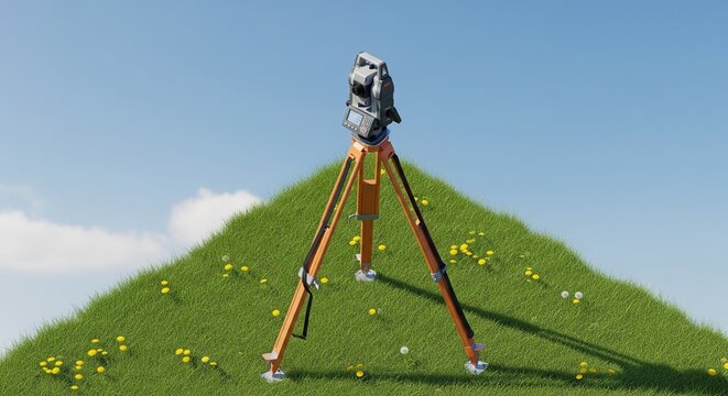 A land surveyor's total station mounted on a tripod, positioned on top of a green grassy hill under a bright blue sky.