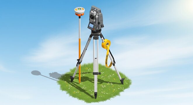 A total station surveying tool on a tripod standing on a small patch of grass against a clear blue sky, including a prism pole