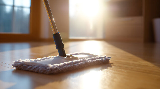 Sunlit Floor Mop: A Clean and Bright Domestic Scene, Showing Routine Housework and Radiant Warmth in a Home or Apartment Interior