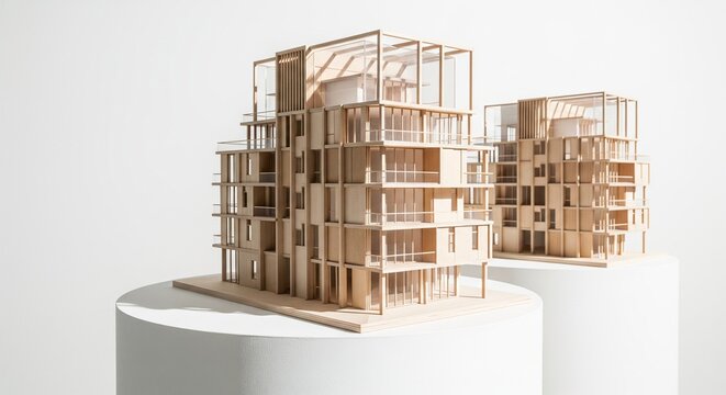 Two wooden architectural models of contemporary buildings with visible timber frames and balconies, displayed on white cylindrical stands against a neutral background