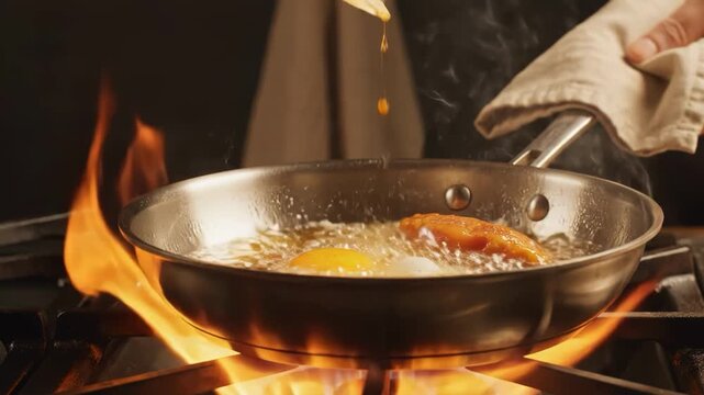 Cooking meat and egg in a stainless steel pan over high flames
