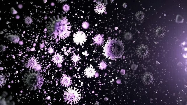 Cinematic 3D macro animation of microscopic dark viruses glowing purple and shattering into particles representing immune system response or antiviral cure