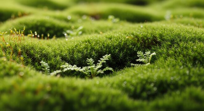 Lush green moss landscape a detailed view of forest floor vegetation