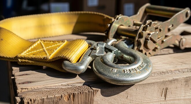 Industrial ratchet strap on a wooden box for shipping