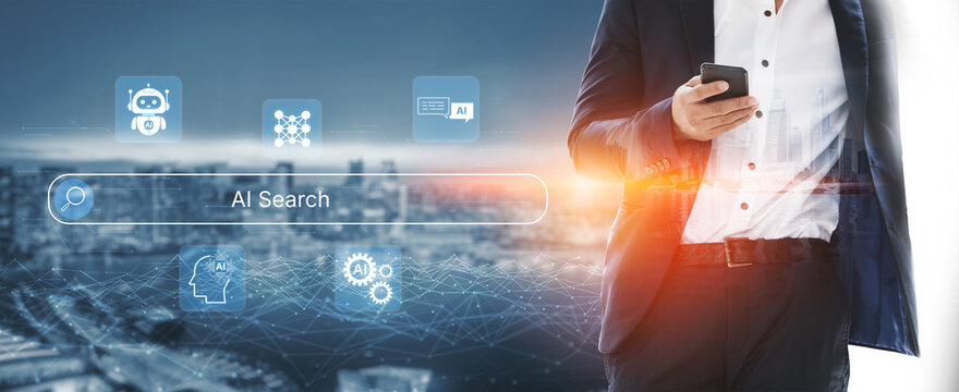 AI-powered search interface concept with multiple assistant tools, intelligent logic and automation engine working in harmony. Corpus