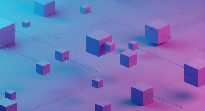 Abstract 3D rendering of connected cubes with glowing lines in a futuristic gradient background, representing digital network and modern technology concept.