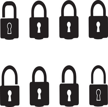 Vector set of isolated metal padlocks and steel key icons for secure safety protection featuring open and closed silver iron lock symbols on a white background