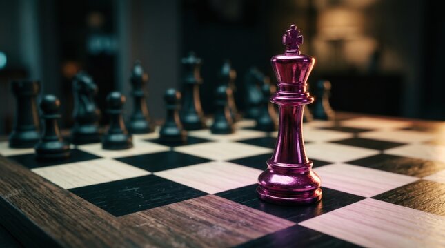 Strategic Maneuvers: A lone pink king stands proudly on a chessboard, surrounded by its fellow pieces, poised for strategic maneuvers and decisive gameplay. It evokes the mental dexterity, strategy.
