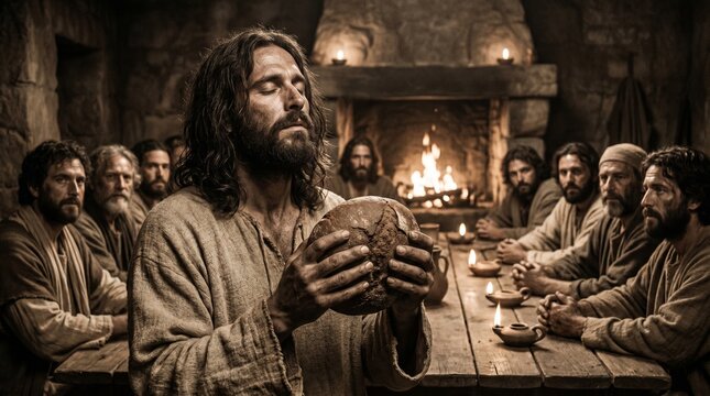 Biblical scene of Jesus Christ holding and blessing bread at the Last Supper with disciples in a rustic candlelit interior with a fireplace