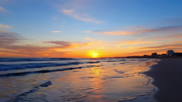Vibrant sunset over a beach with waves washing ashore
